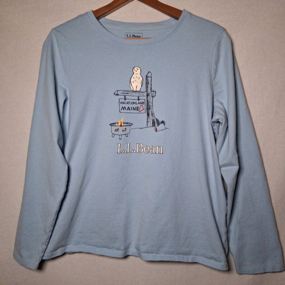 LL Bean Shirt Women Medium Blue Long Slv Vacationland Maine Owl Camping Camp - Picture 2 of 12